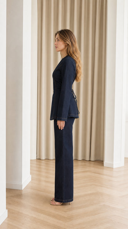 Side profile view showing Dark Blue denim top with waist seam and wide-leg trousers