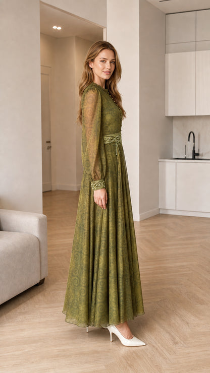 Olive green long sleeve maxi dress three-quarter side view
