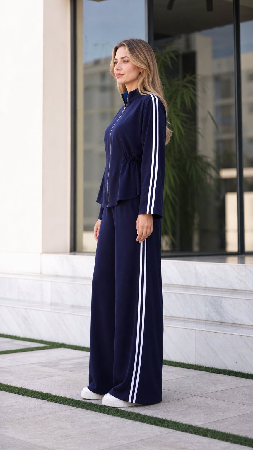 Side profile of women's navy blue wide-leg tracksuit set