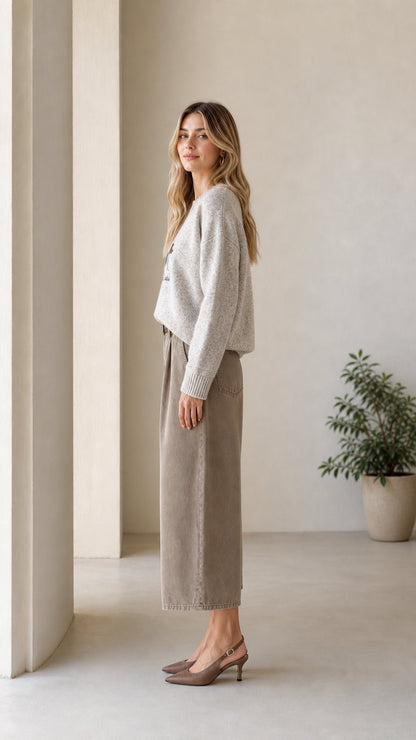 Side profile view of Heather Grey dachshund crewneck knit sweater