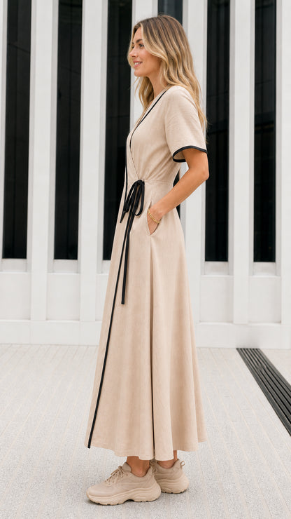 Side view of Beige contrast trim wrap dress showing pocket detail and side tie