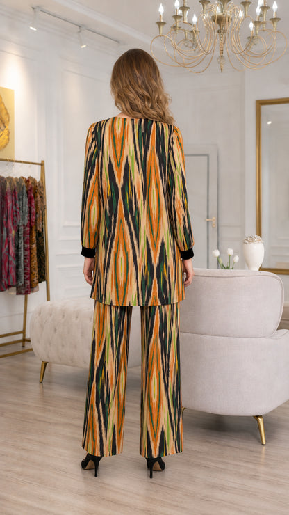 Back view of Amber Multi longline tunic top and straight-leg pants set