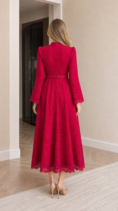 Back view of woman wearing elegant red lace A-line maxi dress