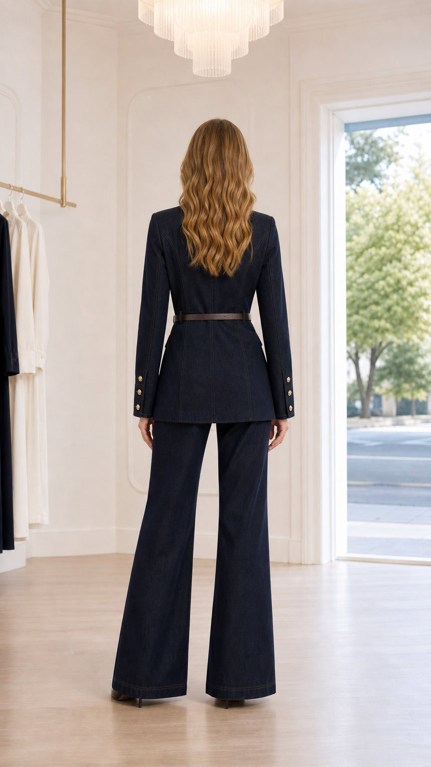 Back view of woman wearing navy blue belted jacket and flared trousers