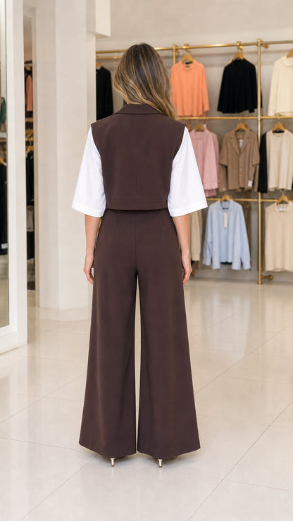 Back view of model wearing brown cropped waistcoat and matching wide-leg trousers
