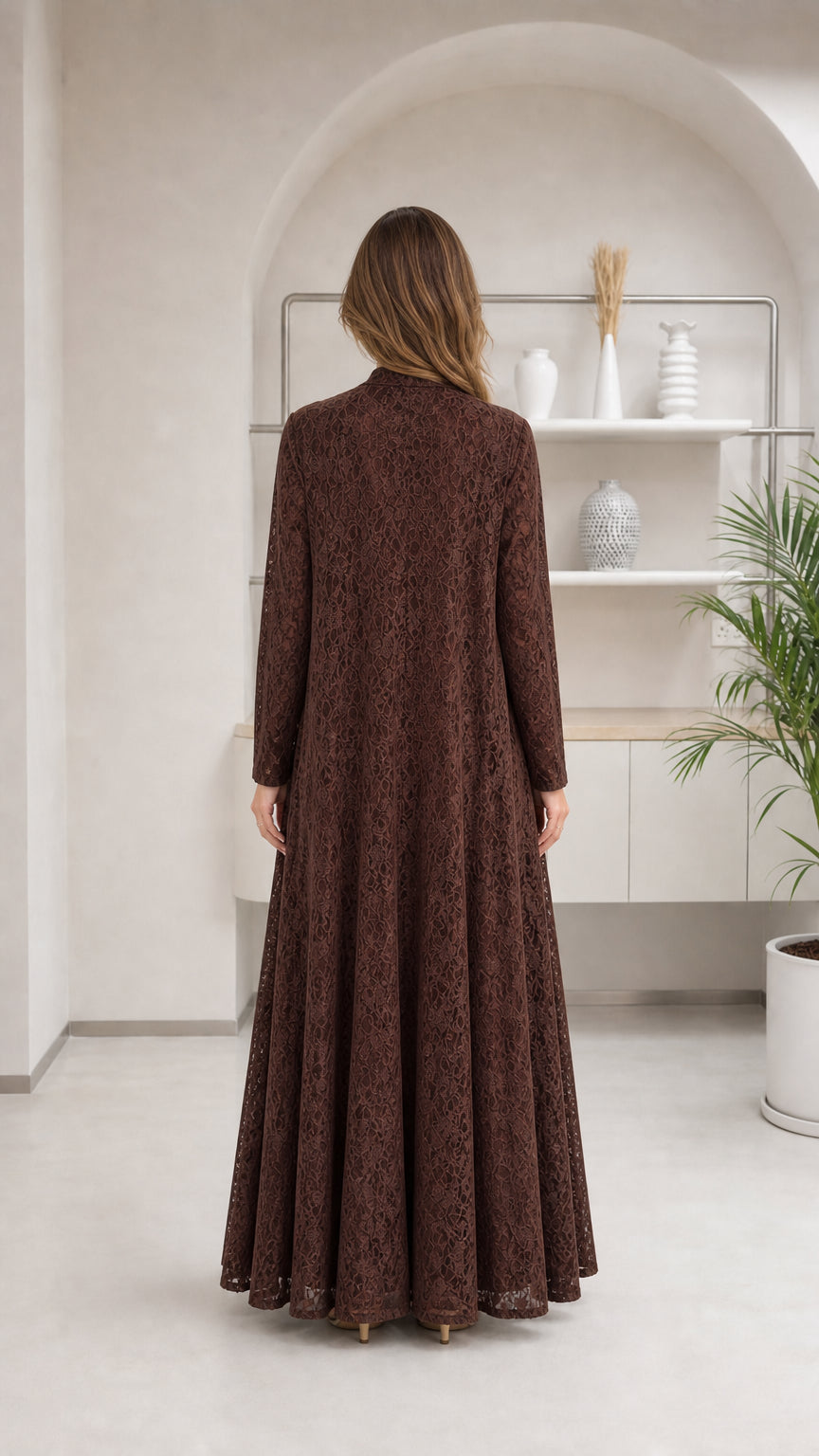 Back full view of brown lace formal evening maxi dress