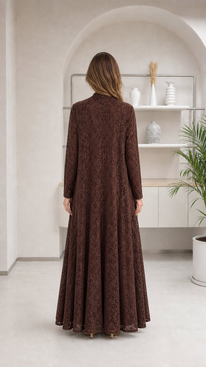 Back full view of brown lace formal evening maxi dress