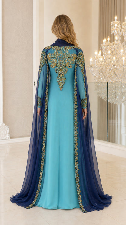 Back view of Sky Blue gown showcasing ornate gold and crystal back embroidery