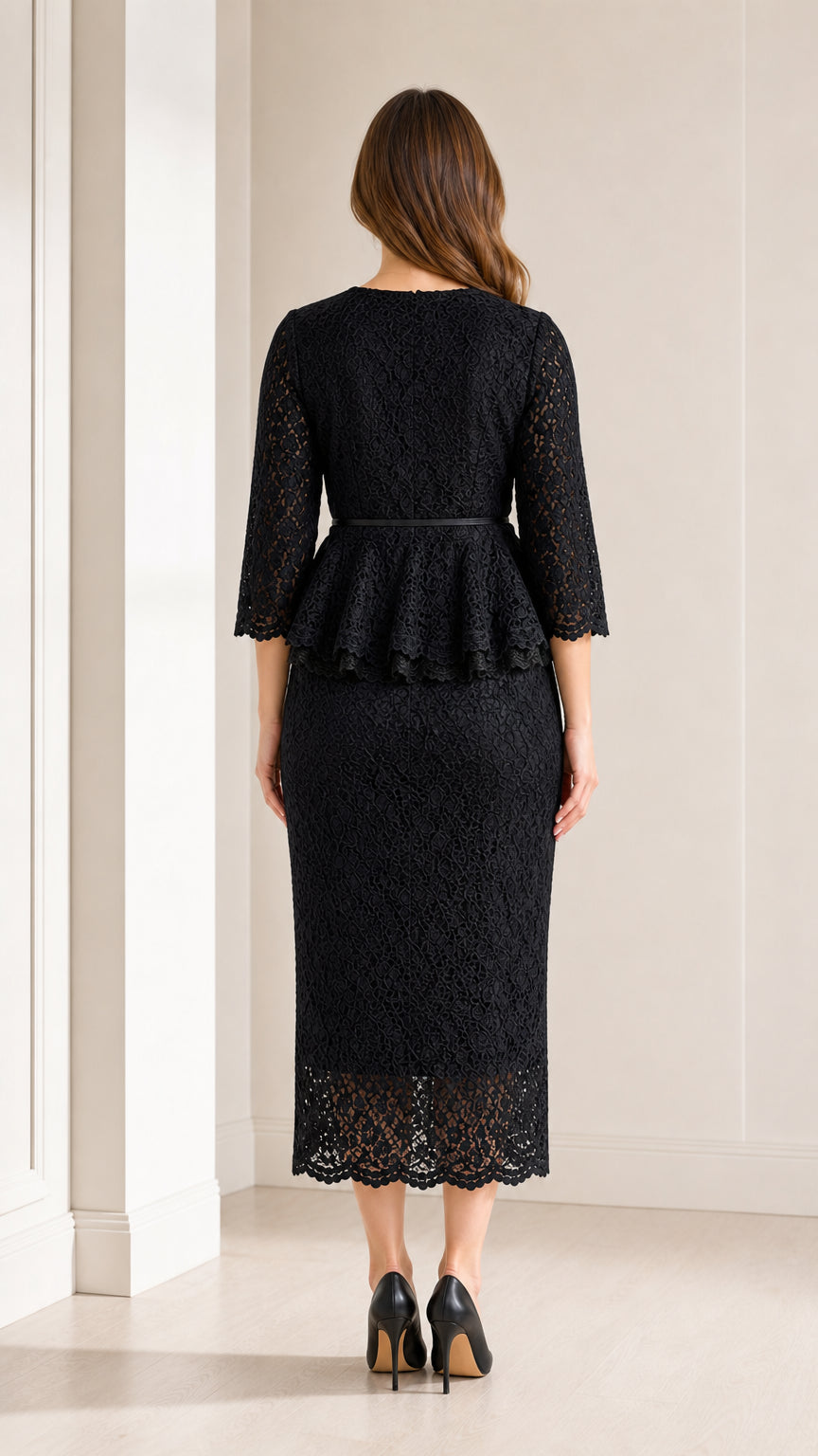 Back view of woman wearing black floral lace peplum midi dress