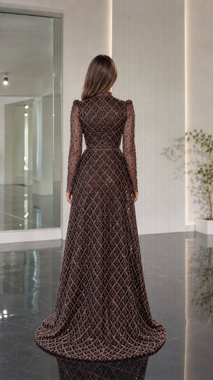 Back view of chocolate brown high neck beaded maxi dress with subtle train