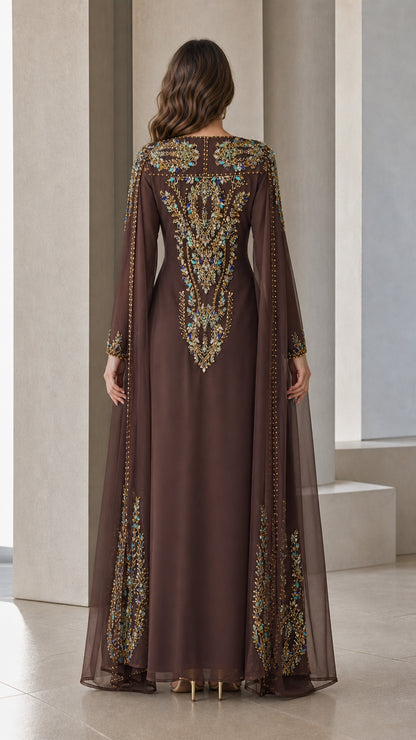 Back view of brown cape maxi dress highlighting ornate crystal embroidery