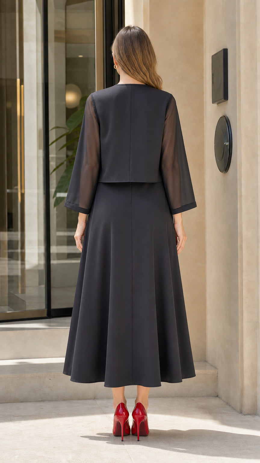 Back view of Charcoal Grey 2-piece dress set highlighting the cropped jacket and clean silhouette
