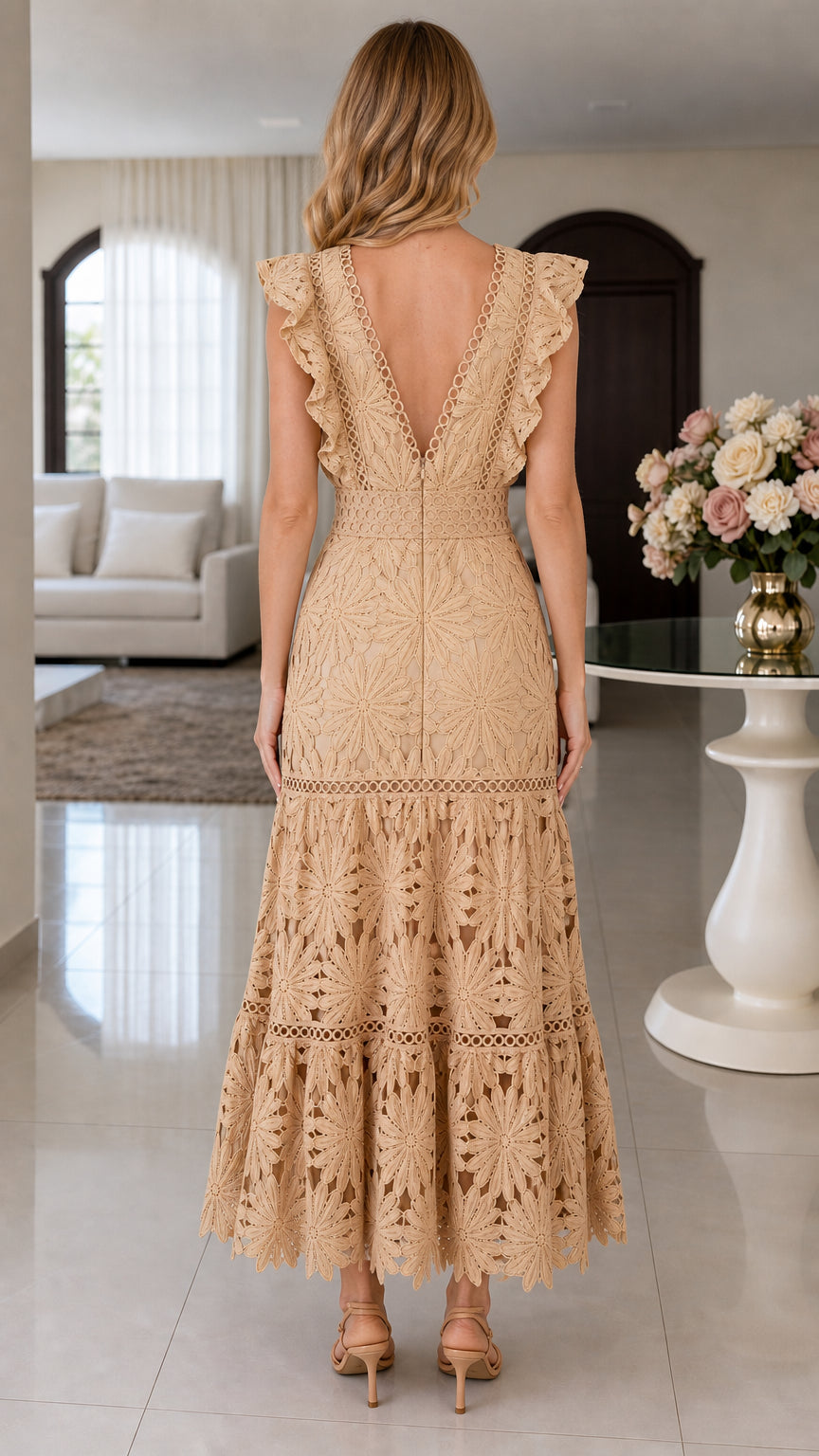 Back view of beige lace maxi dress showing deep V-back and ruffle detail