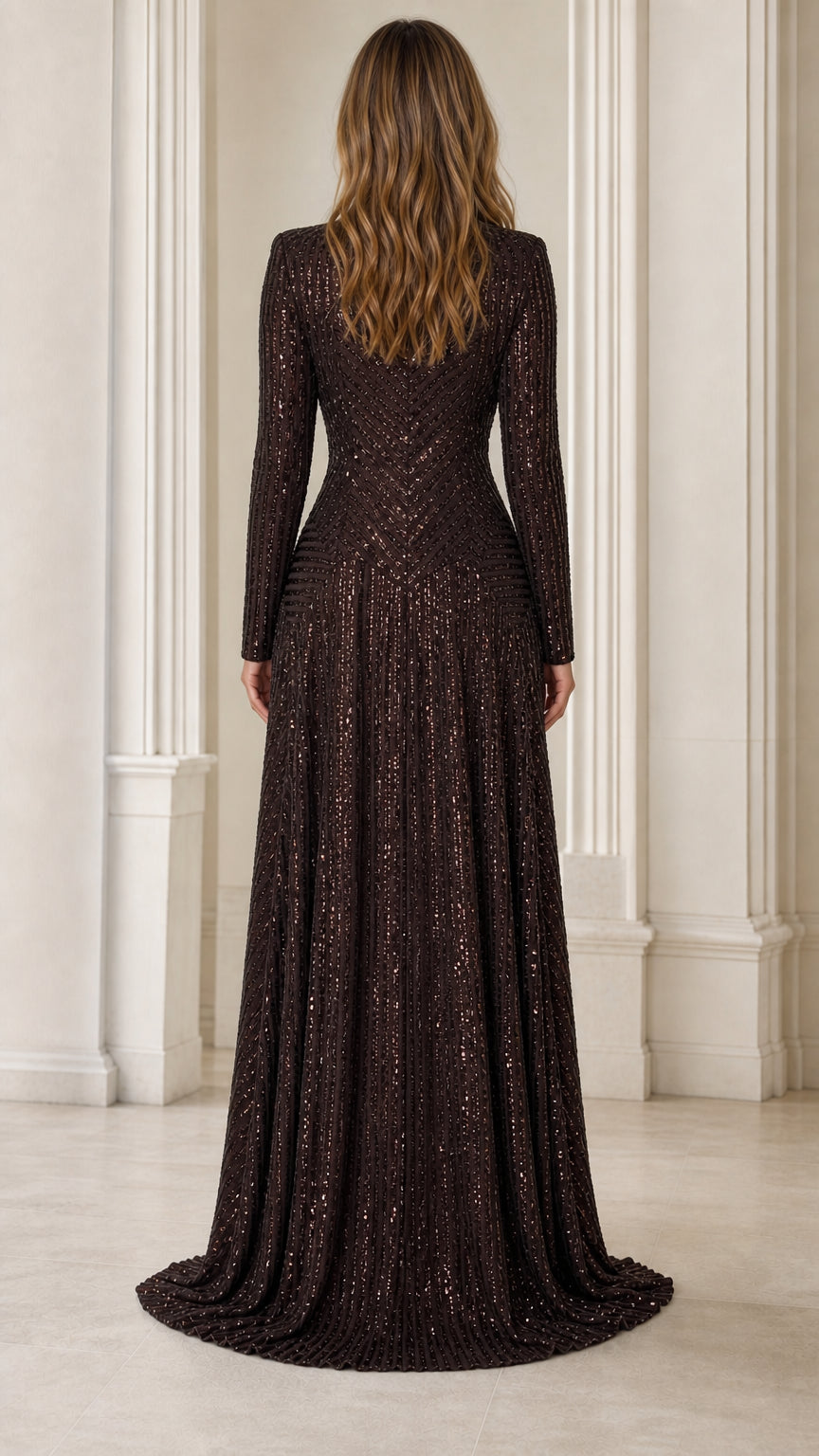Back view of model in Chocolate long-sleeve sequin maxi evening gown