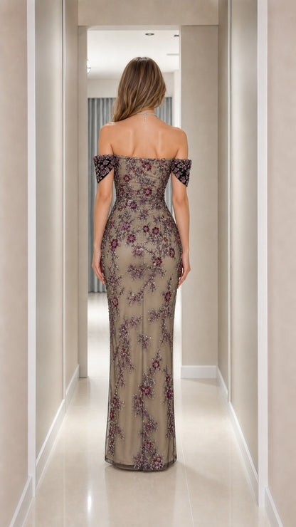 Back view of champagne off-the-shoulder column maxi gown