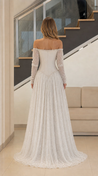 Ivory corset back evening gown with shimmering tulle skirt - back view