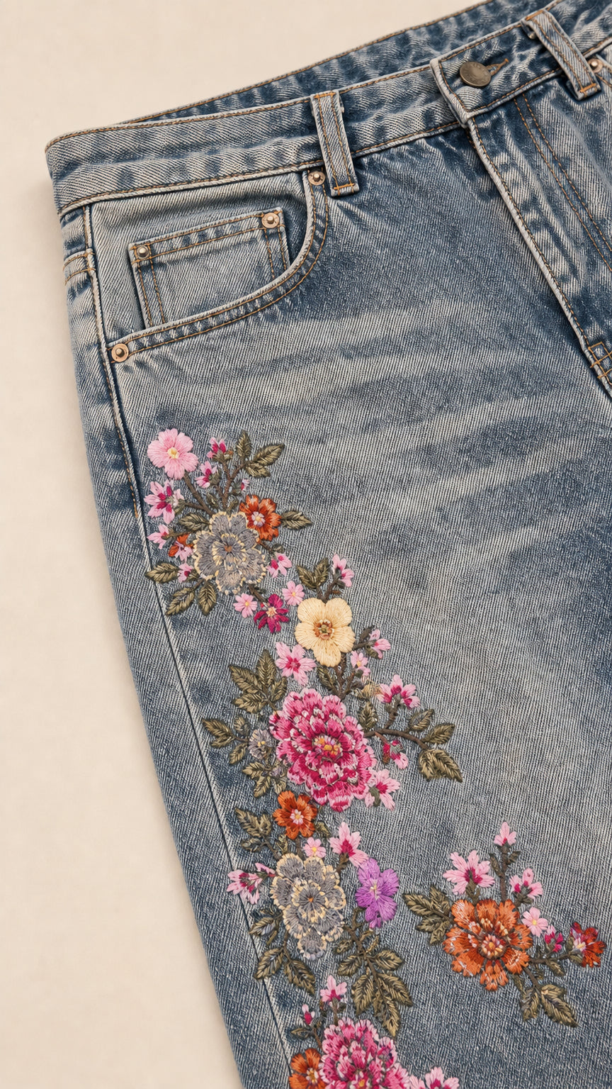 Close-up detail of denim pocket and intricate colorful floral embroidery