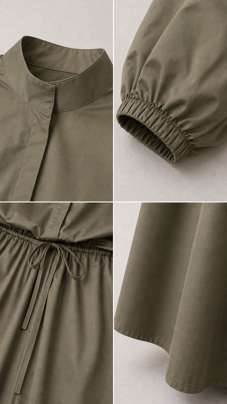 Close-up details of collar placket, elastic cuff, drawstring waist, and hem