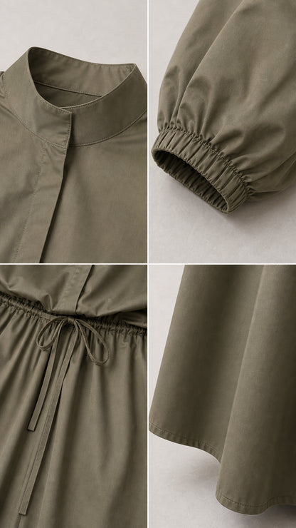 Close-up details of collar placket, elastic cuff, drawstring waist, and hem