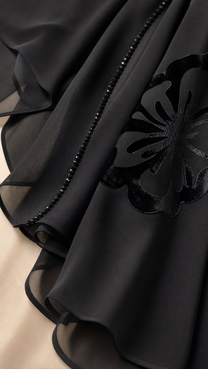 Close-up detail of sheer black chiffon fabric and velvet floral flocking