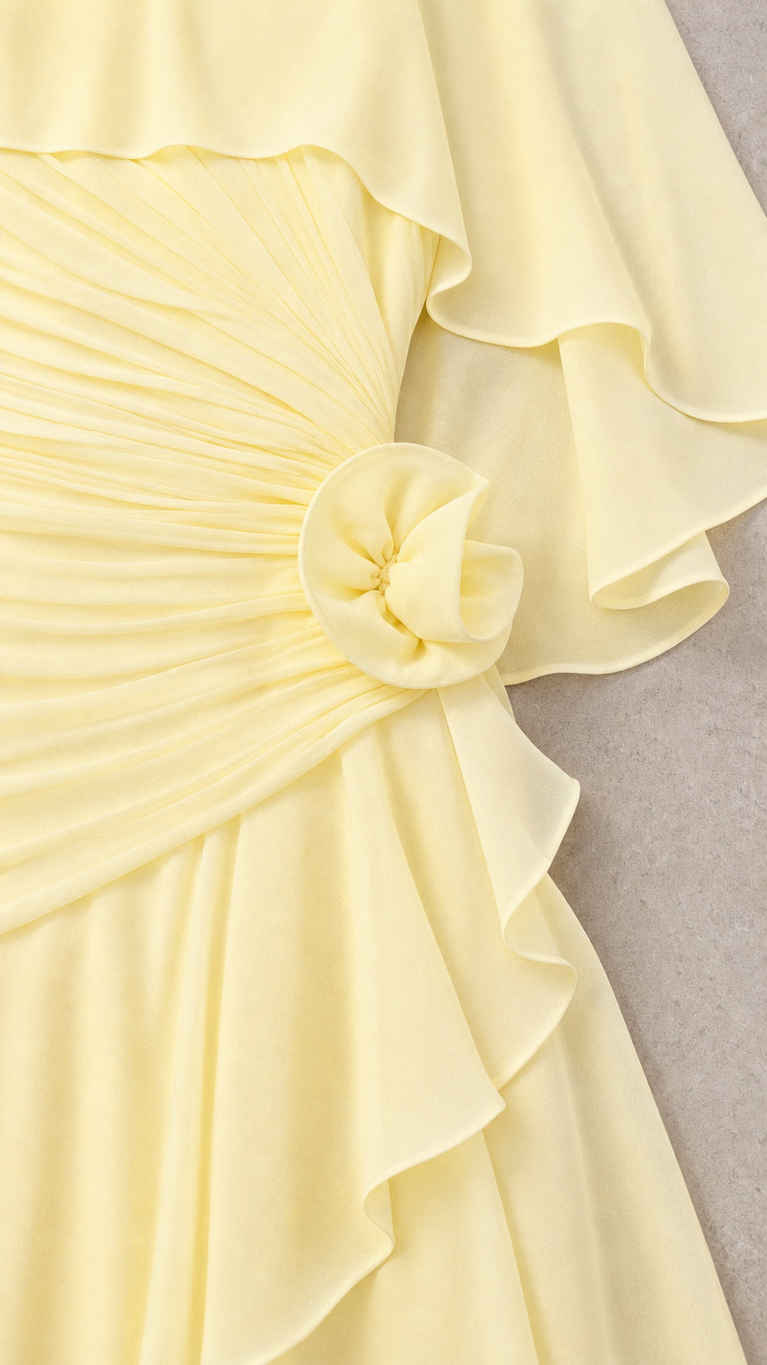 Close-up detail of pleated ruching and fabric rosette accent on Pale Yellow dress