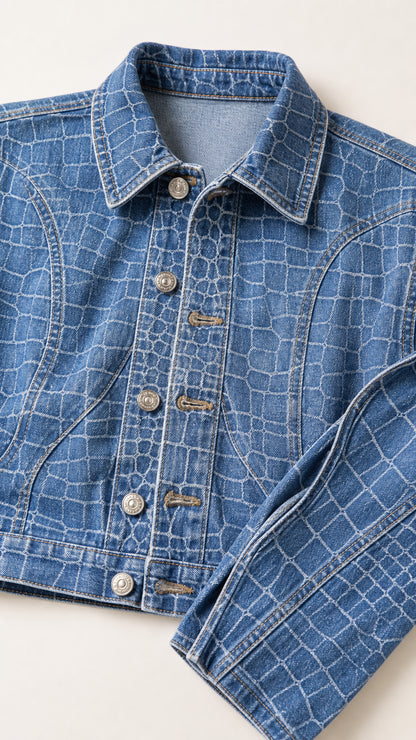Close-up detail of blue crocodile embossed denim jacket collar and metallic buttons