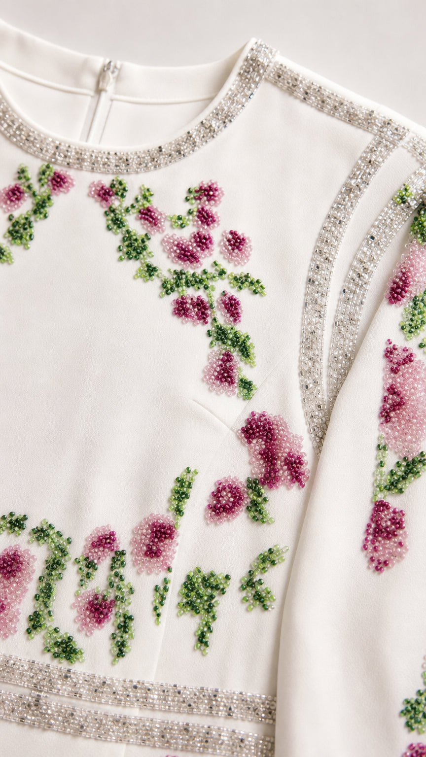 Close up of neckline showing intricate pink beaded flowers and shimmering crystal trim