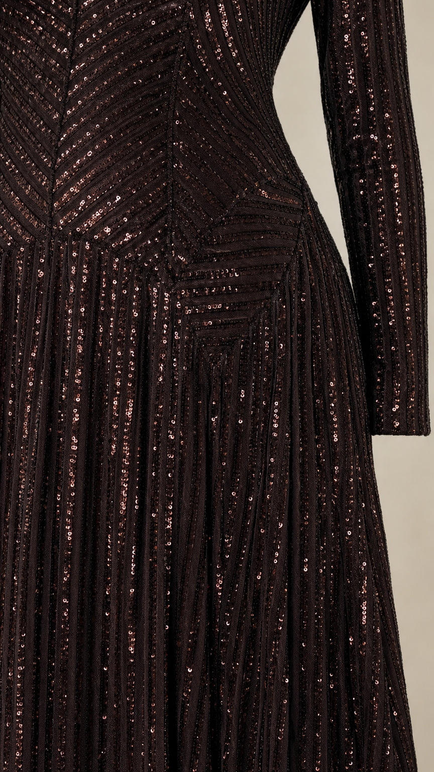 Close-up detail of chevron sequin pattern on Chocolate bodice and long sleeve