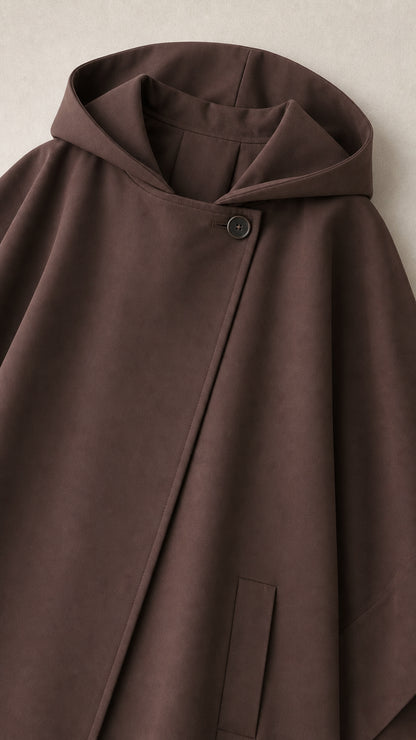 Close-up detail of brown cape hood and asymmetric button neckline