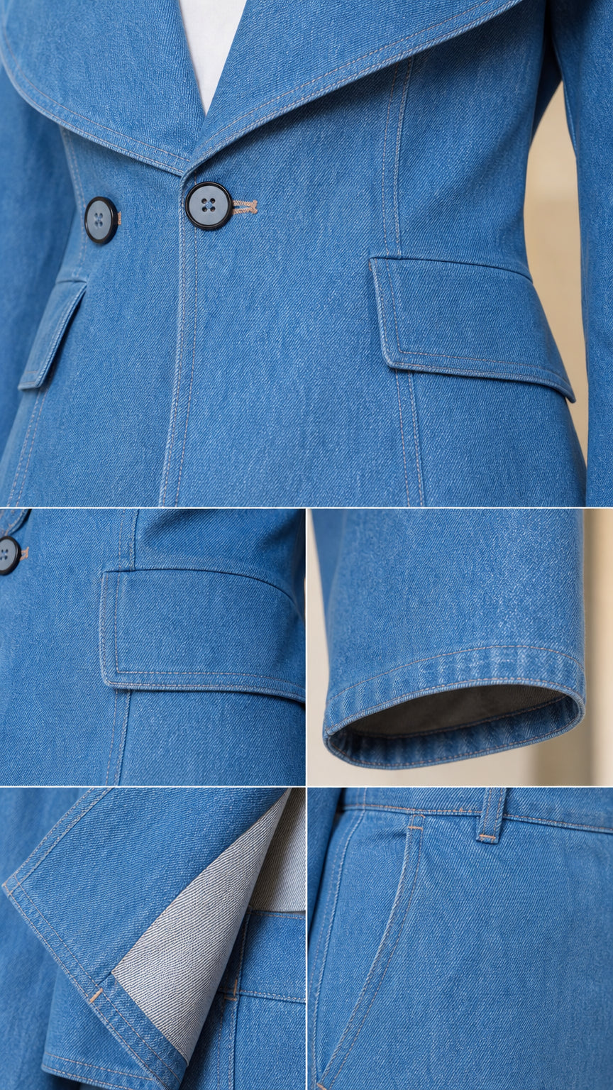 Close-up details of denim fabric, button closure, flap pockets, and cuff stitching
