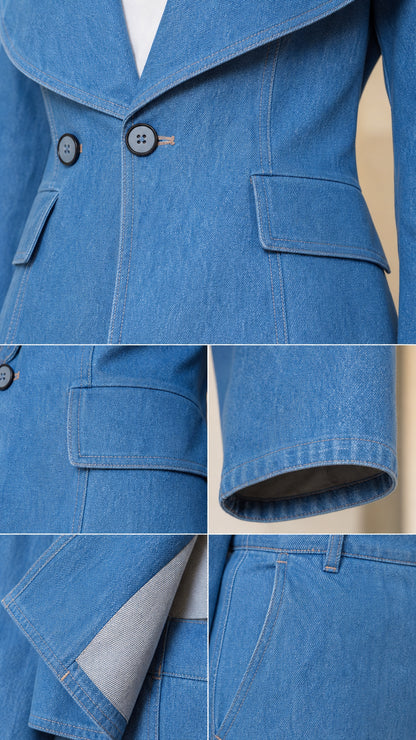 Close-up details of denim fabric, button closure, flap pockets, and cuff stitching