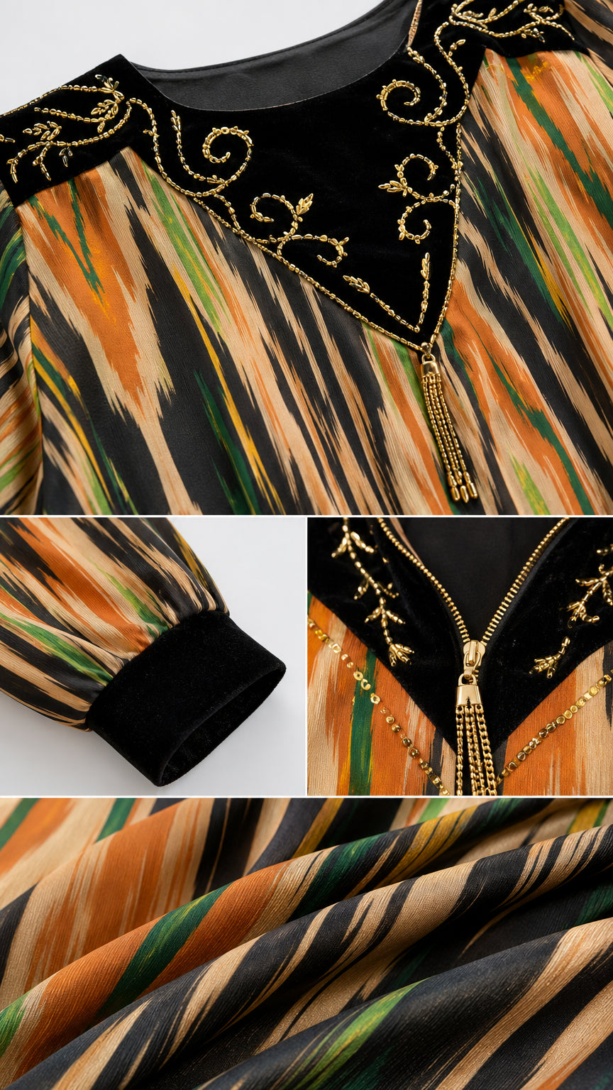 Close-up details of gold-tone embroidery on black velvet neckline and sleeve cuffs