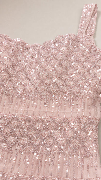 Close-up detail of scalloped trim and embroidered sequin pattern on bodice