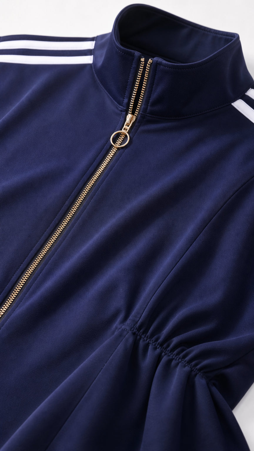 Close-up detail of zip collar with ring pull and gathered waist on navy tracksuit