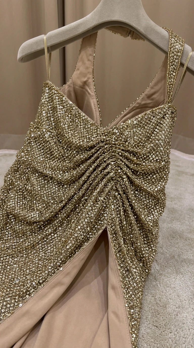 Close-up detail of Champagne Gold beaded ruched bodice and lining