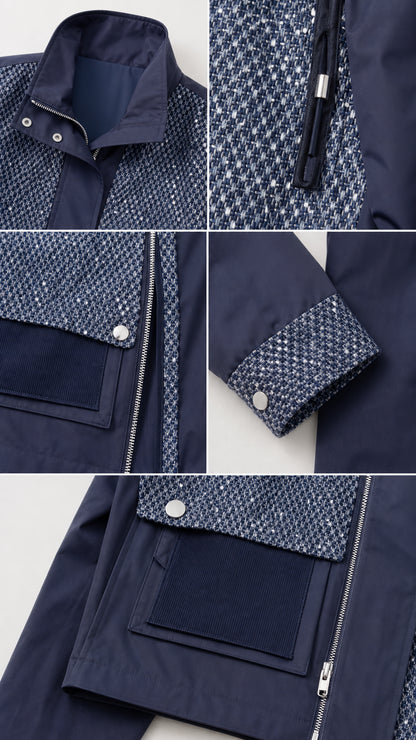 Close-up details of navy blue jacket collar, zip, flap pockets, and tweed contrast fabric