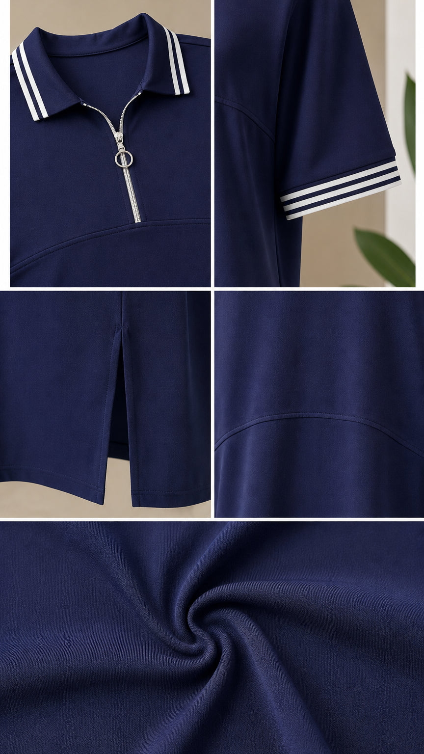 Close-up details of striped polo collar, ring zipper, and fabric texture in navy blue