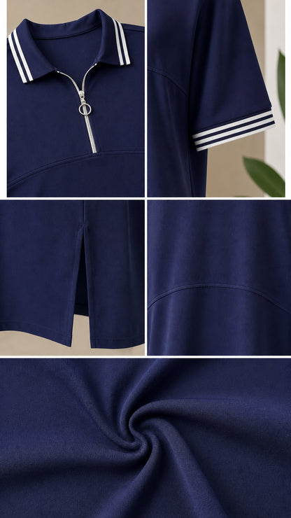 Close-up details of striped polo collar, ring zipper, and fabric texture in navy blue
