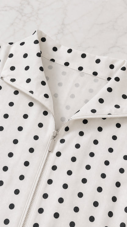Close-up detail of the spread collar and front zipper on the polka dot top