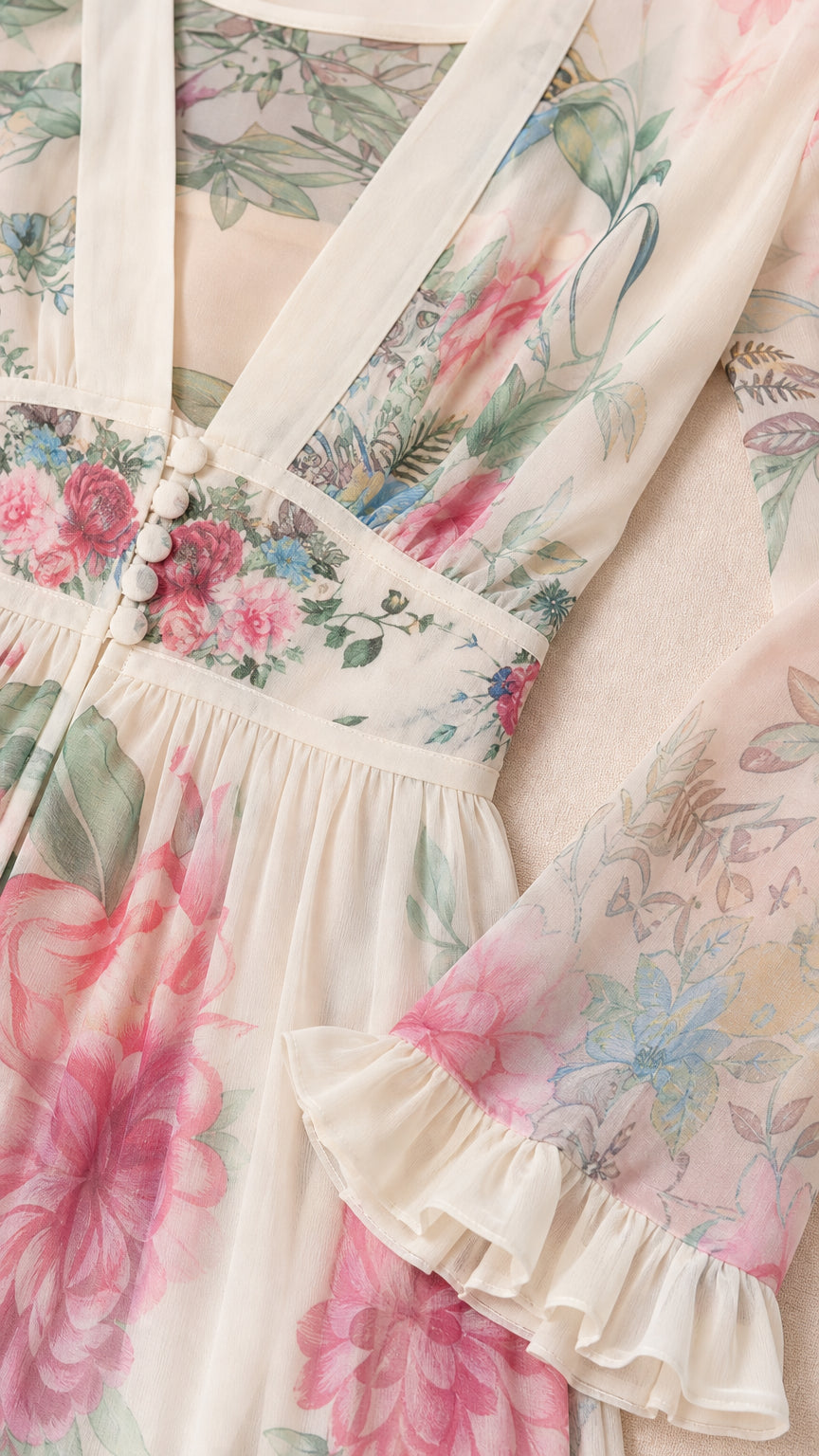 Close-up detail of neckline, covered buttons, and pleated flounce cuffs on floral dress