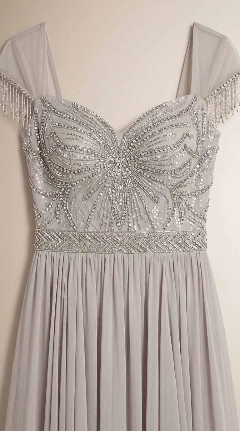 Close-up of ornate beaded bodice and pleated skirt on silver gown