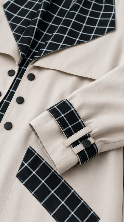 Close-up detail of beige trench coat fabric, buttons, grid lapel, cuff tab, and pocket border