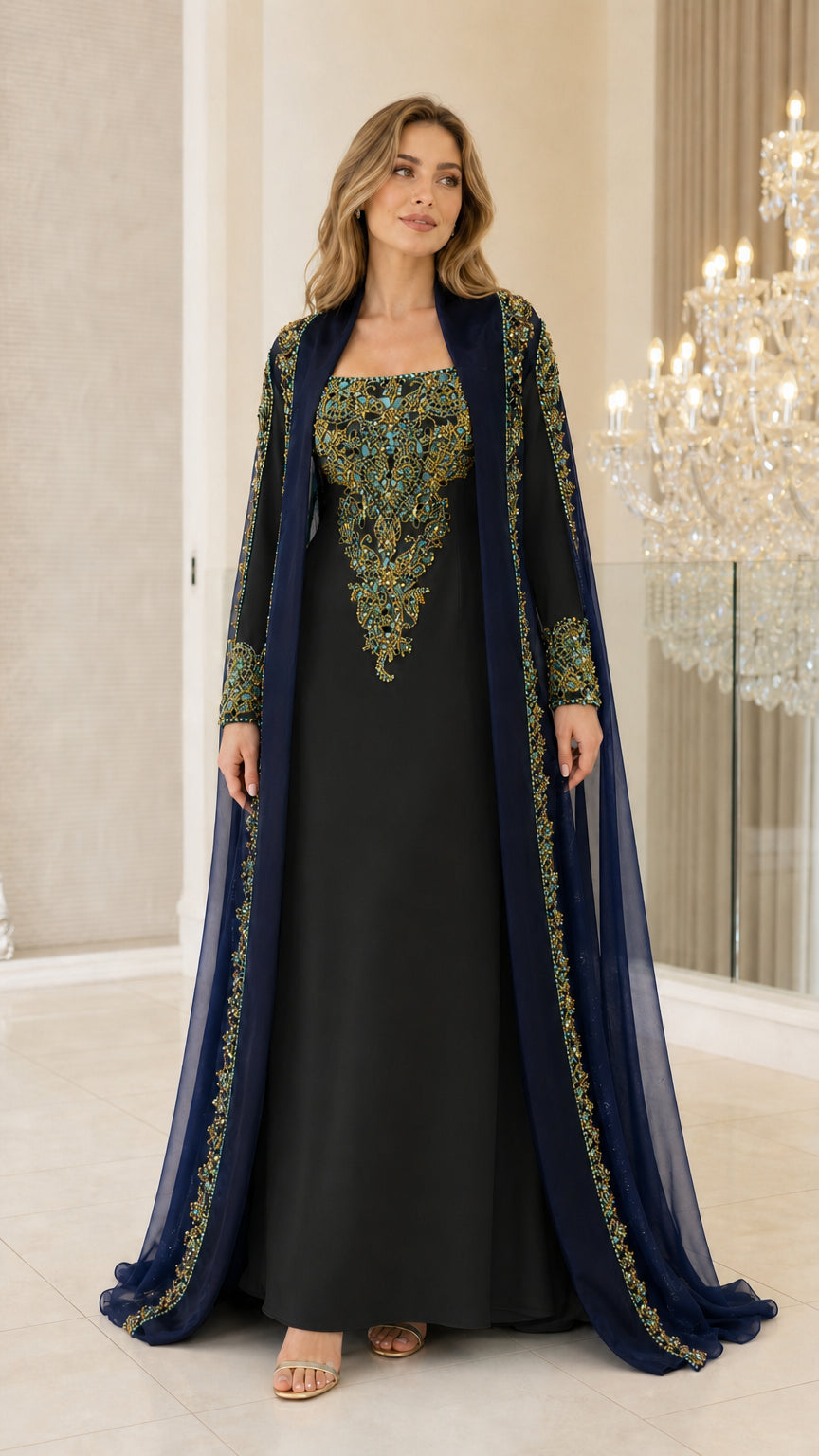 Model wearing Black embroidered cape formal evening gown