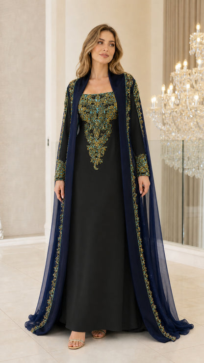 Model wearing Black embroidered cape formal evening gown