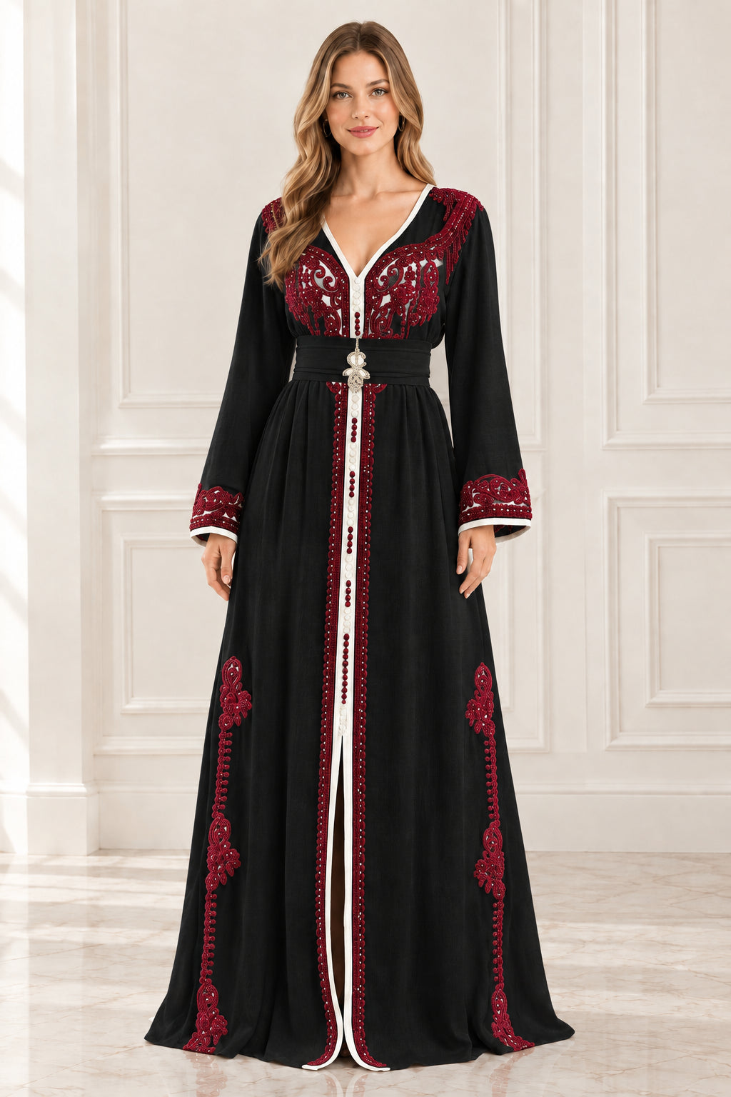 Full front view of black Moroccan kaftan maxi dress with burgundy embroidery