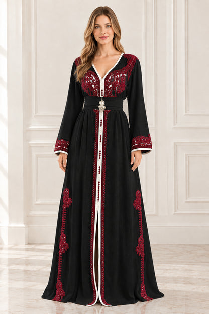 Full front view of black Moroccan kaftan maxi dress with burgundy embroidery