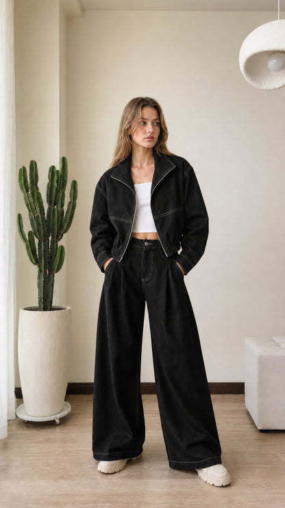 Full front view of model wearing black denim cropped jacket and wide-leg trousers set
