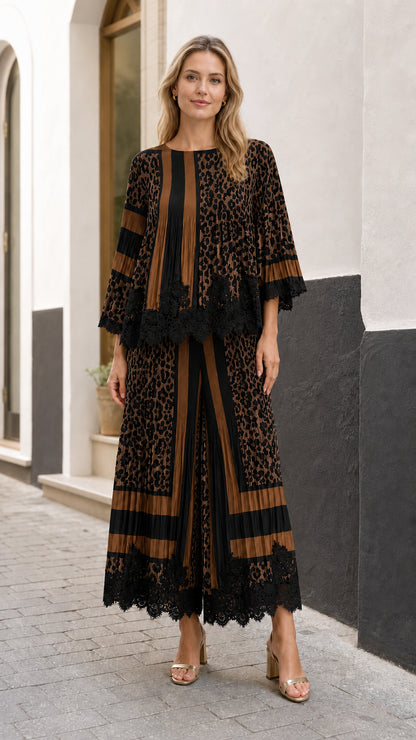 Full front view of model wearing the coffee brown and black pleated leopard two-piece set