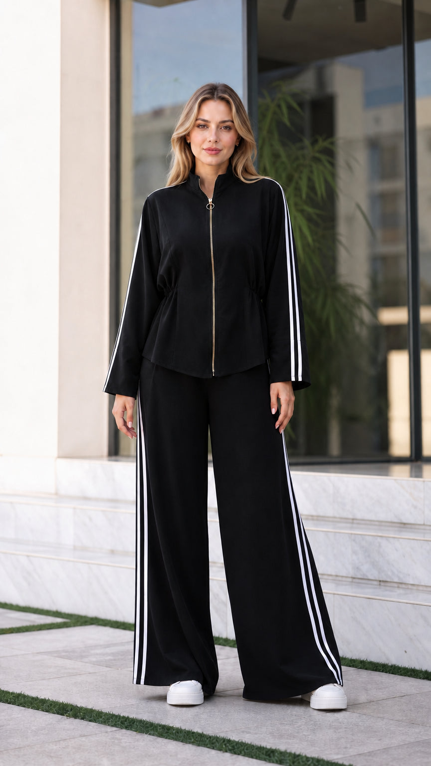 Women's Black two-piece tracksuit set with white side stripes