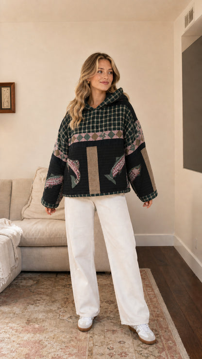Model wearing Black and dark green quilted patchwork hoodie with fish embroidery